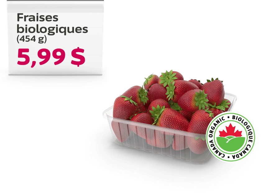 Un contenant de fraises biologiques de 454 grammes qui coûte 5 dollars et 99 cents.