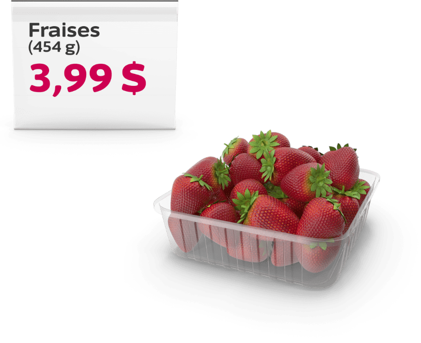 Un contenant du même poids de fraises qui ne sont pas biologiques et qui coûte 3 dollars et 99 cents.