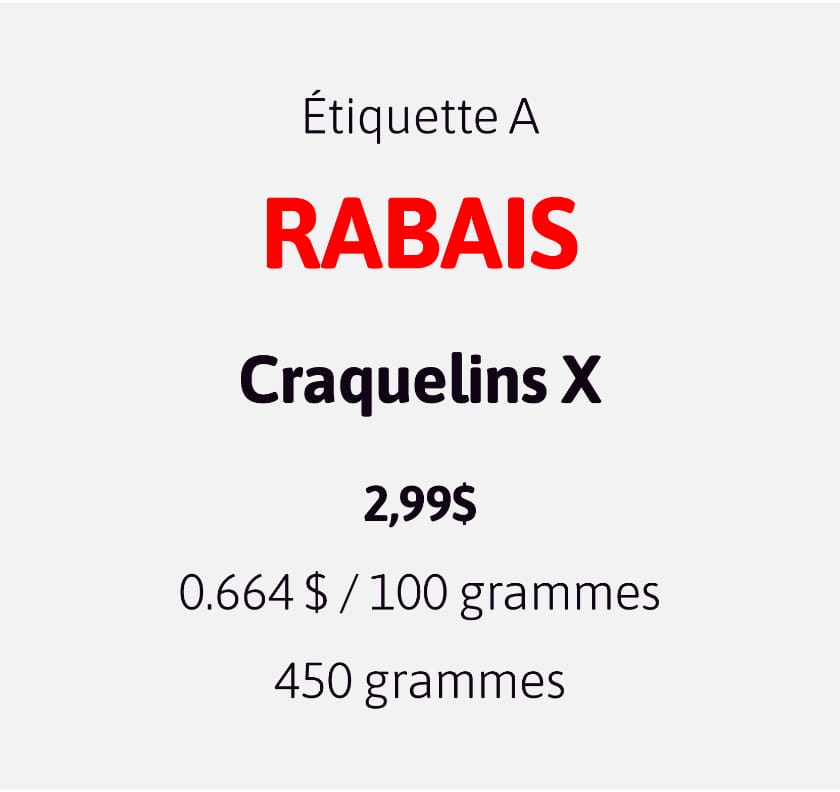 L’étiquette A indique un Rabais sur les Craquelins X, à 2,99$ et 0.664$ par 100 grammes. Les Craquelins X contiennent 450 grammes.